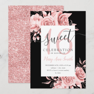 Ro Guld Blommigt & Glitter Sweet 16-skript svart Inbjudningar
