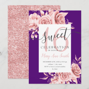 Ro Guld Blommigt & Glitter Sweet 16-skriptLila Inbjudningar