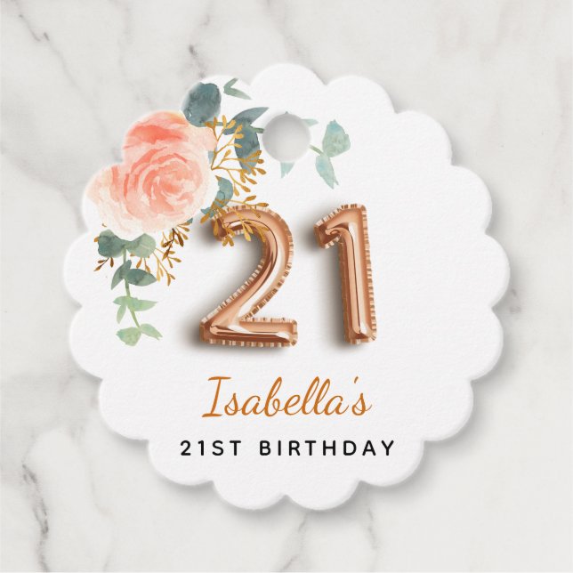 Ro guld blommigt greenery 21:a födelsedag gåvor etiketter (Framsida)