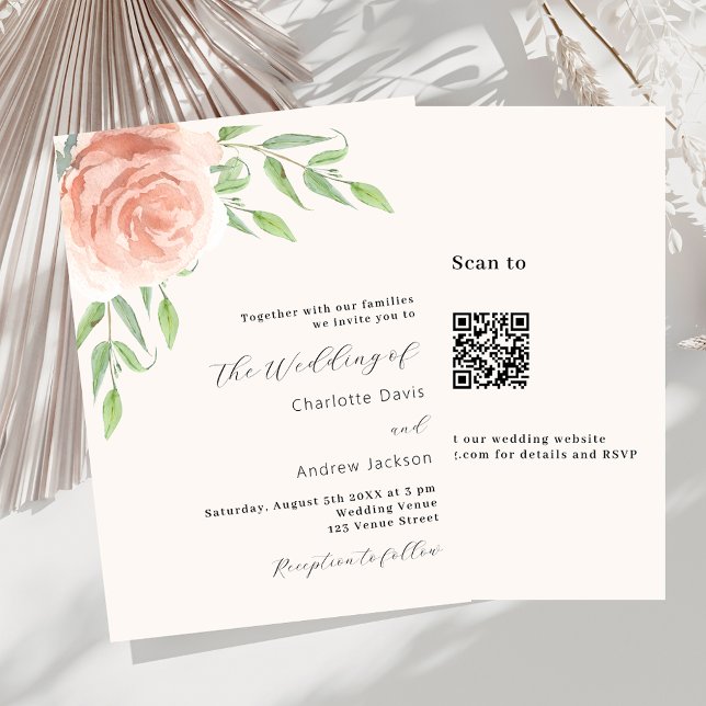 Ro guld blommigt Greenery QR OSA lyxury bröllop Inbjudningar (Skapare uppladdad)