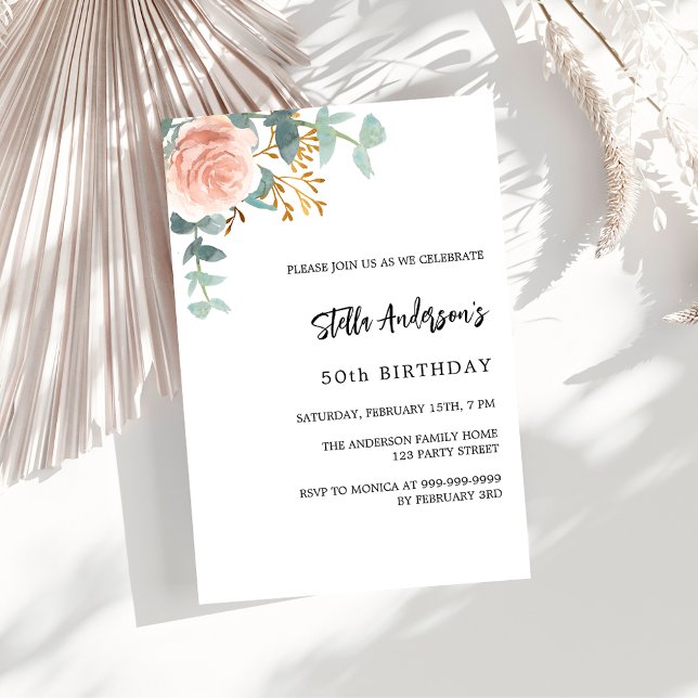 Ro guld blommigt Greenery script födelseår Inbjudningar (Skapare uppladdad)
