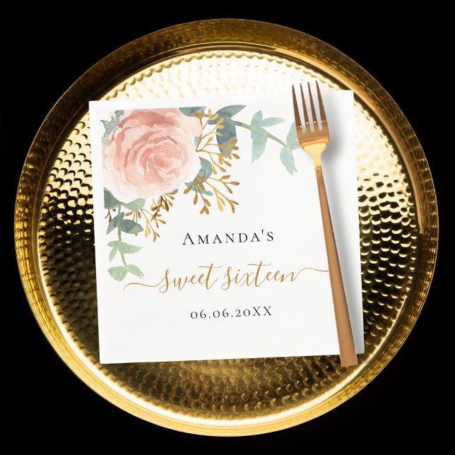 Ro guld blommigt Grey elegant Sweet 16 Pappersservett (Skapare uppladdad)