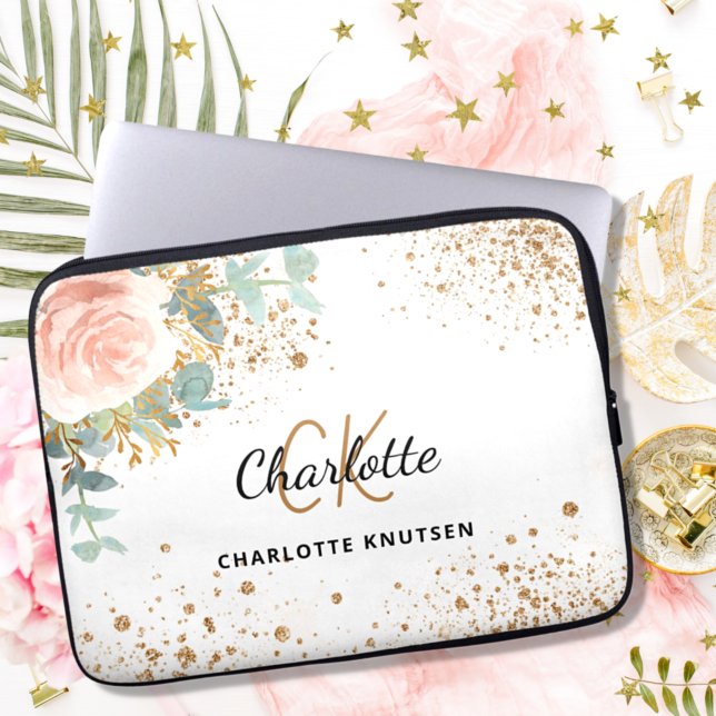 Ro guld blommigt guld glitter monogram namn laptop fodral (Skapare uppladdad)