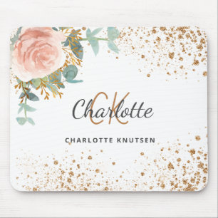 Ro guld blommigt guld glitter monogram namn musmatta