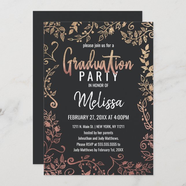 Ro Guld Blommigt Guld Glitter Ombre Studenten Inbjudningar (Fram/baksida)