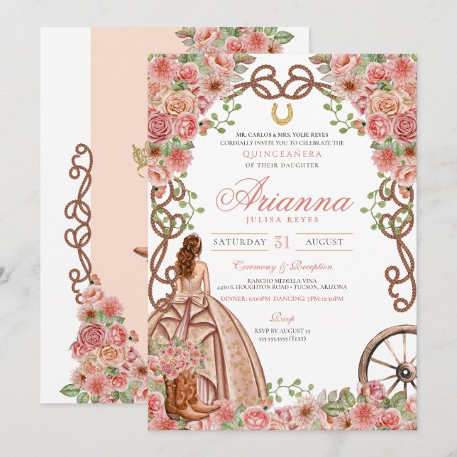 Ro Guld Blommigt Land Westerna Finare Quinceañera Inbjudningar (Fram/baksida)