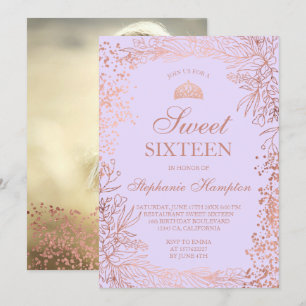 Ro guld blommigt lavender Tiara chic Sweet 16 Inbjudningar