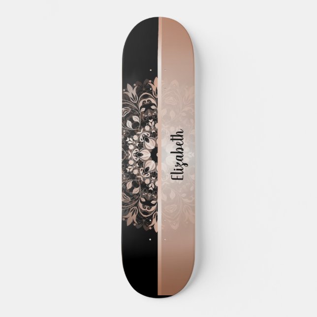 Ro Guld Blommigt Mandala Add Namn Black Skateboard (Framsida)