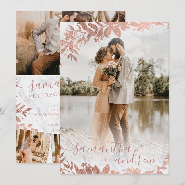 Ro guld blommigt marble script 5 foton bröllop inbjudningar (Fram/baksida)