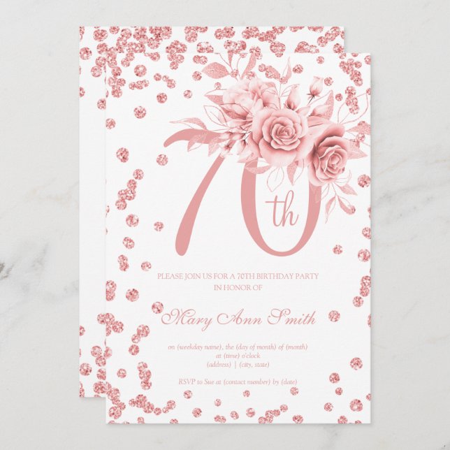 Ro Guld Blommigt och konfetti 70:e Födelsedagsfest Inbjudningar (Fram/baksida)