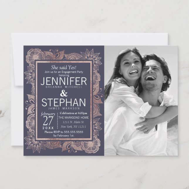 Ro Guld Blommigt och marinblå Förlovning Inbjudningar (Framsida)