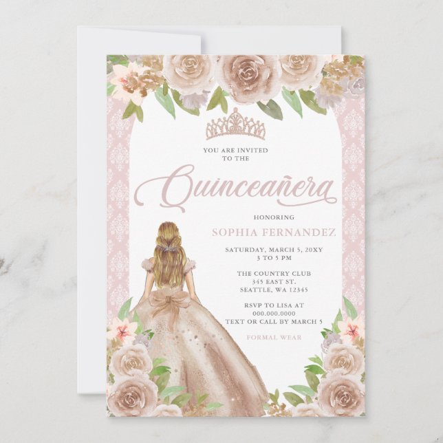  Ro Guld Blommigt Princess Tiara Quinceañera Inbjudningar (Framsida)
