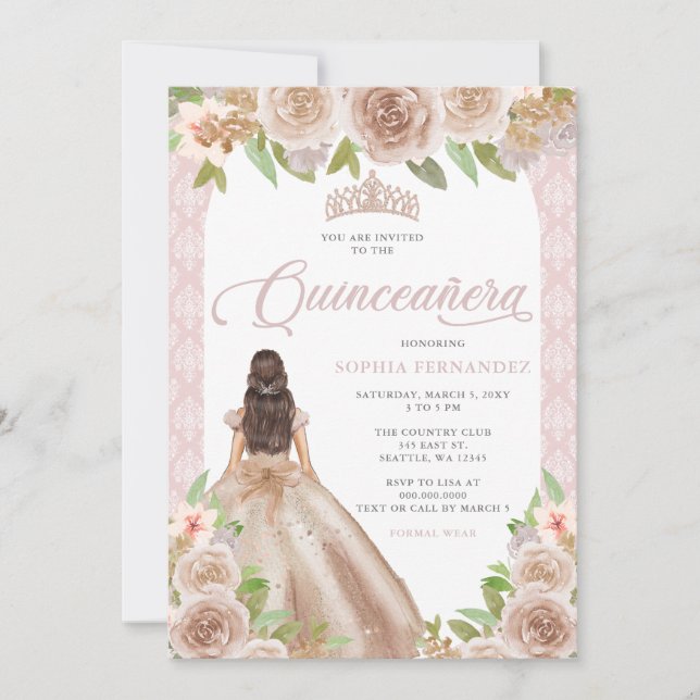  Ro Guld Blommigt Princess Tiara Quinceañera Inbjudningar (Framsida)