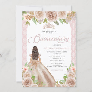 Ro Guld Blommigt Princess Tiara Quinceañera Inbjudningar