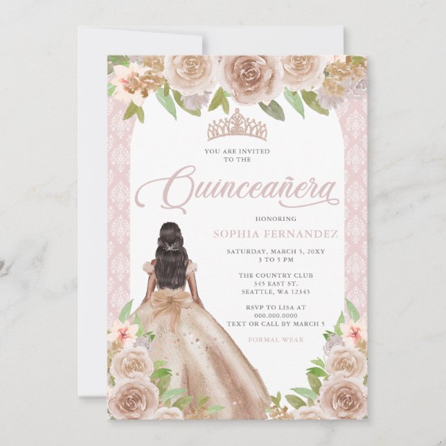  Ro Guld Blommigt Princess Tiara Quinceañera Inbjudningar (Framsida)