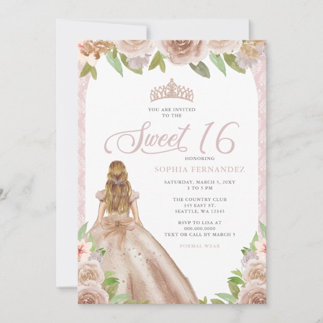  Ro Guld Blommigt Princess Tiara Sweet 16 Inbjudningar (Framsida)