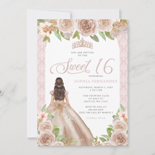  Ro Guld Blommigt Princess Tiara Sweet 16 Inbjudningar (Framsida)