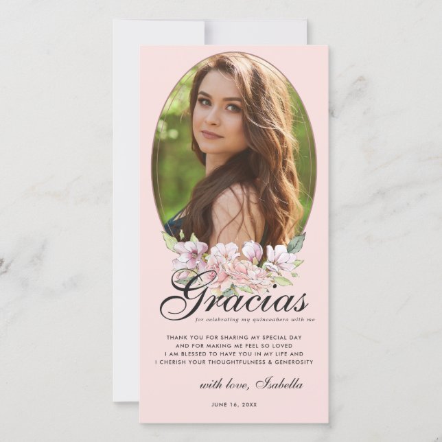 Ro Guld Blommigt Quinceañera Photo Tackto You Card Tack Kort (Framsida)