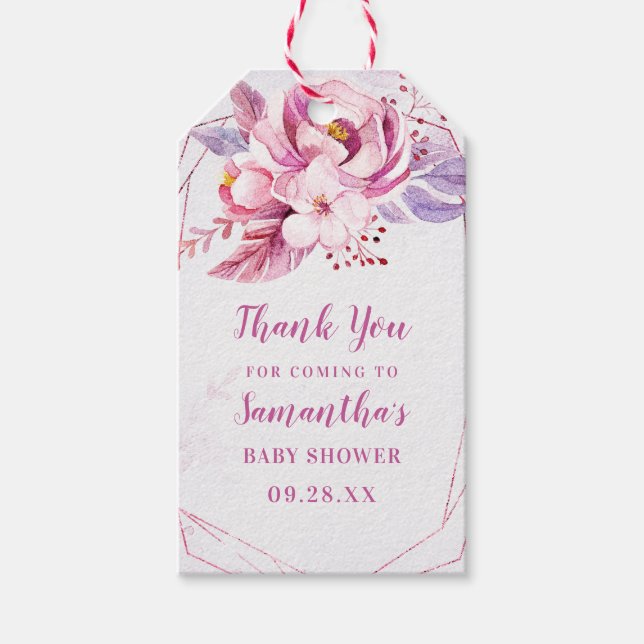 Ro Guld Blommigt Rosa  Lila Flicka Baby Shower Presentetikett (Framsidan)