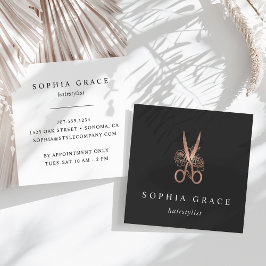 Ro Guld Blommigt Scissors Logotyp Hairstylist Fyrkantigt Visitkort