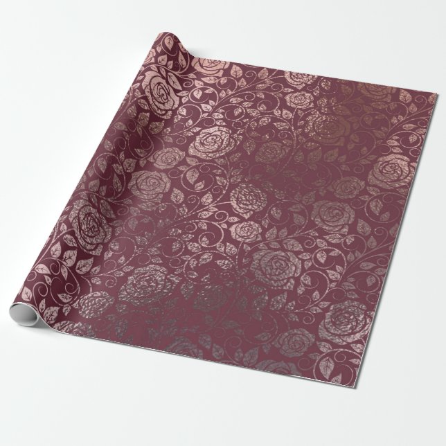Ro Guld Blommigt Swirl Mönster på Burgundy Presentpapper (Utrullad)