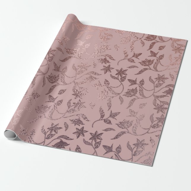 Ro Guld Blommigt Vine Mönster om  Rosa Presentpapper (Utrullad)