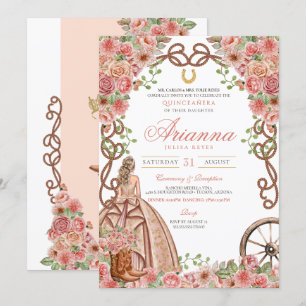 Ro Guld Blommigt Western Elegant Quinceañera Inbjudningar