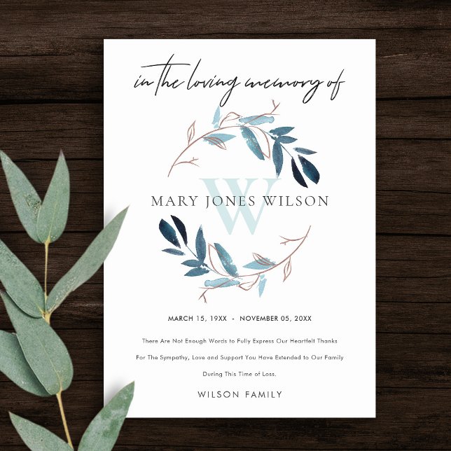 RO GULD BLUE FOLIAGE WREATH SYMPATHY MEMORIAL TACK KORT (Skapare uppladdad)