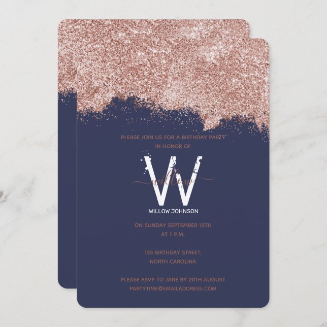 Ro Guld Blue Girly Glitter varje år Inbjudningar (Fram/baksida)