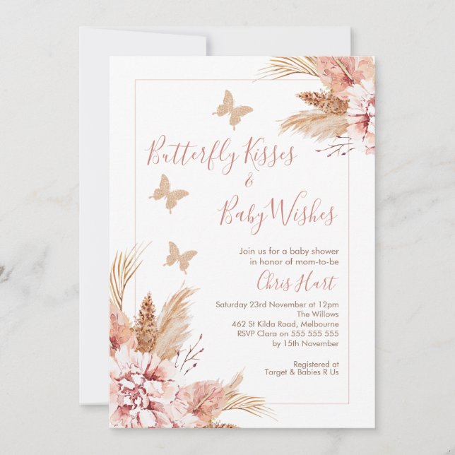 Ro Guld Boho Blommigt Butterfly Kisses Baby Shower Inbjudningar (Framsida)