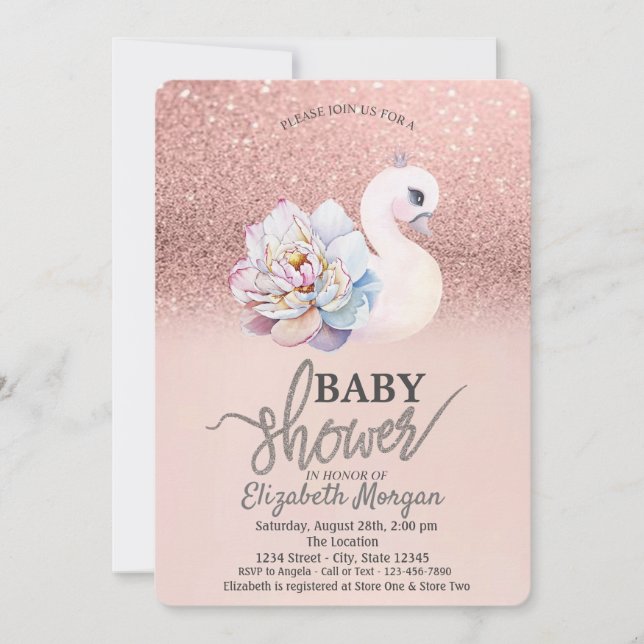 Ro Guld Bokeh,Svan Blommigt Baby Shower Inbjudningar (Framsida)