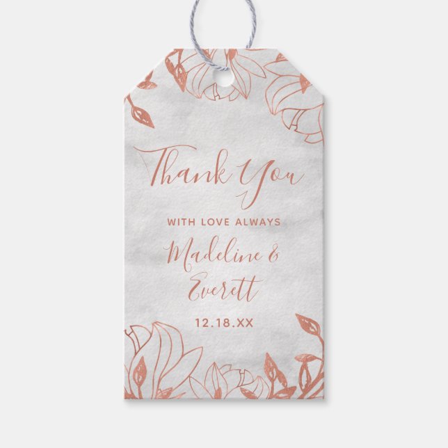 Ro Guld Botaniska Blommigten Grått Bröllop Tack Presentetikett (Framsidan)