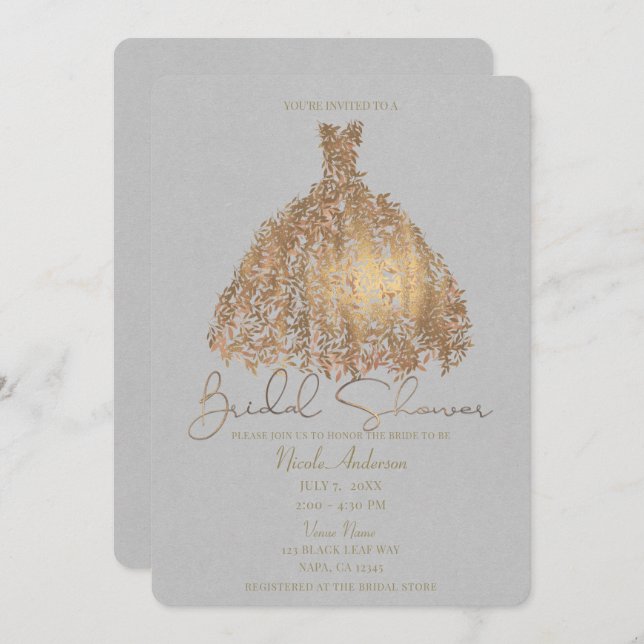 Ro Guld Botaniskt Löv Dress Möhippa Inbjudningar (Fram/baksida)