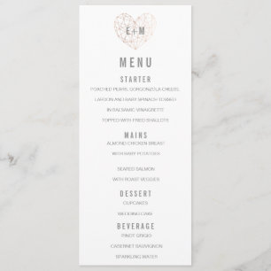 Ro guld Bröllop Menu hjärta initialer Meny