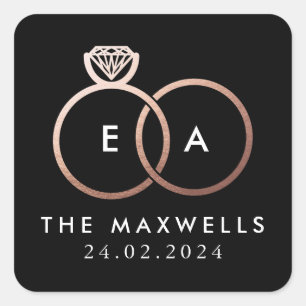 Ro Guld Bröllop Ring Monogram Namn Datum: Svart Fyrkantigt Klistermärke