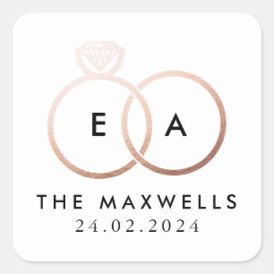 Ro Guld Bröllop Ring Monogram Namn och datum för Fyrkantigt Klistermärke