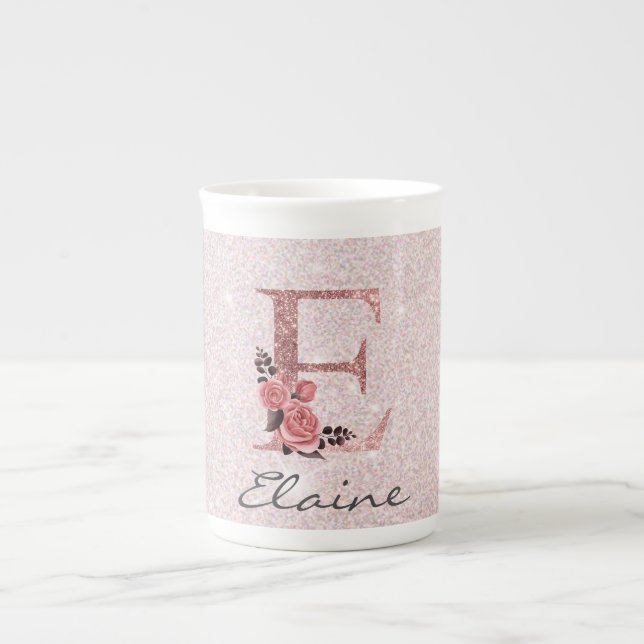 Ro Guld Brushed Glitter Monogram Namn Benporslin Mugg (Framsidan)