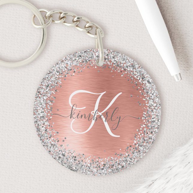 Ro Guld Brushed Metall Glitter Monogram Namn (Sparkle and shine with this rose gold brushed metal glitter keychain. Add your name and monogram.)