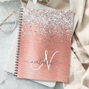Ro Guld Brushed Metall Glitter Monogram Namn Anteckningsbok