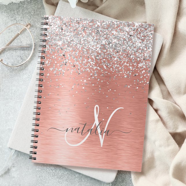 Ro Guld Brushed Metall Glitter Monogram Namn Anteckningsbok (Skapare uppladdad)