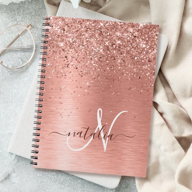 Ro Guld Brushed Metall Glitter Monogram Namn Anteckningsbok (Skapare uppladdad)