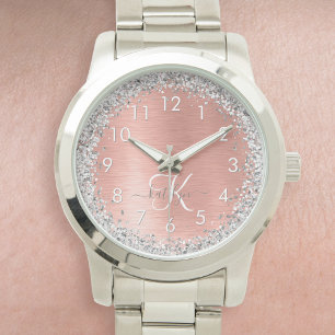 Ro Guld Brushed Metall Glitter Monogram Namn Armbandsur