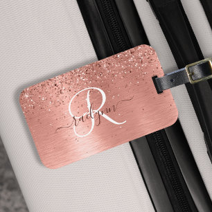 Ro Guld Brushed Metall Glitter Monogram Namn Bagagebricka