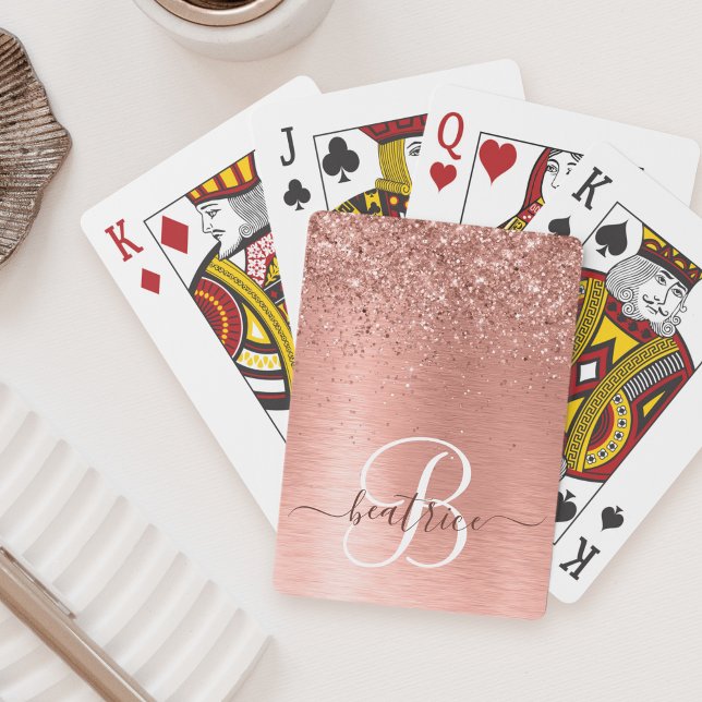 Ro Guld Brushed Metall Glitter Monogram Namn Casinokort (Skapare uppladdad)