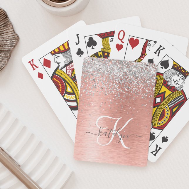 Ro Guld Brushed Metall Glitter Monogram Namn Casinokort (Skapare uppladdad)