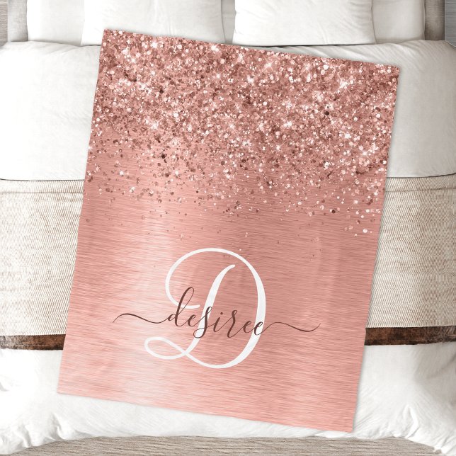 Ro Guld Brushed Metall Glitter Monogram Namn Fleecefilt (Skapare uppladdad)