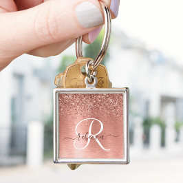Ro Guld Brushed Metall Glitter Monogram Namn Fyrkantig Silverfärgad Nyckelring