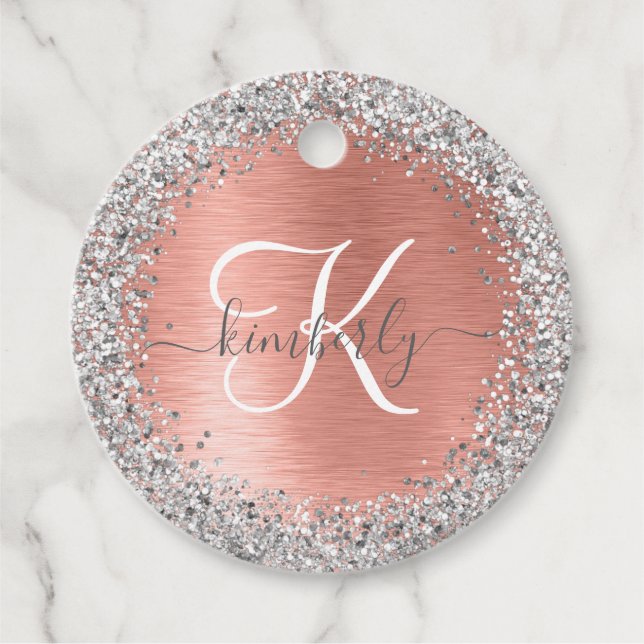 Ro Guld Brushed Metall Glitter Monogram Namn Gåvor Etiketter (Framsida)