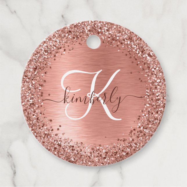 Ro Guld Brushed Metall Glitter Monogram Namn Gåvor Etiketter (Framsida)