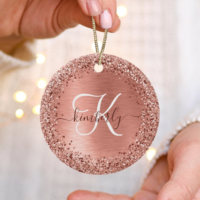 Ro Guld Brushed Metall Glitter Monogram Namn Julgransprydnad Keramik (Skapare uppladdad)